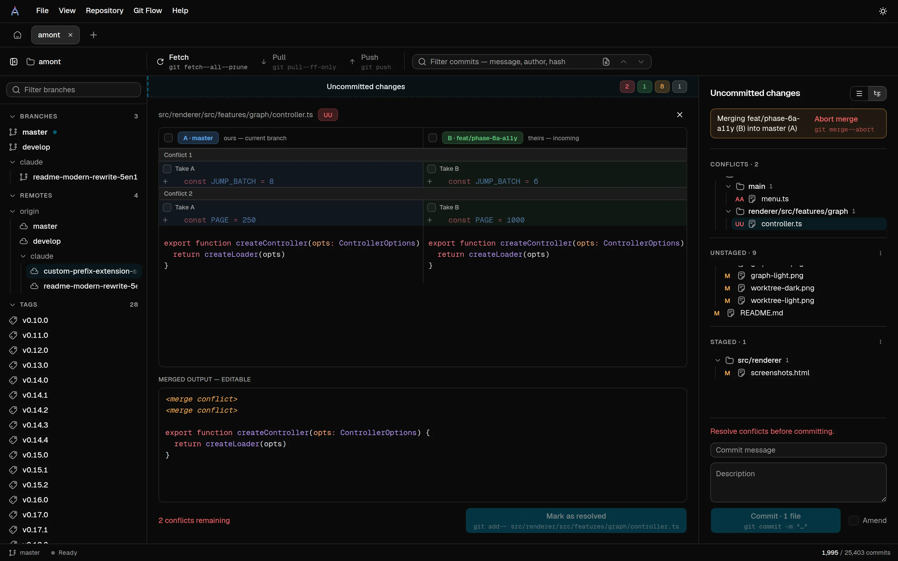 The conflict resolution view: the 'ours' and 'theirs' versions of a file in two aligned, syntax-highlighted panes with per-side and per-line pickers, above an editable merged output.