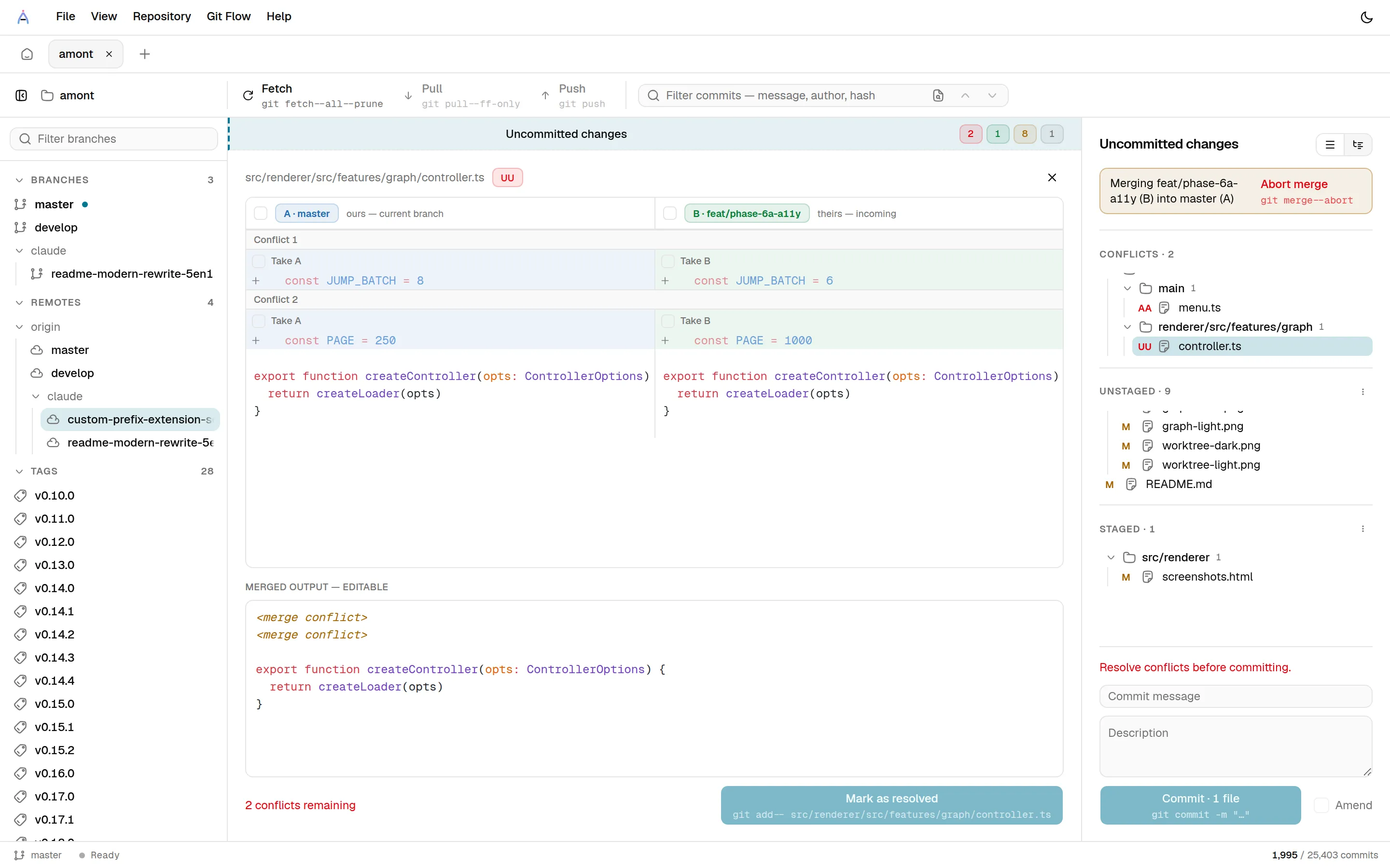 The conflict resolution view: the 'ours' and 'theirs' versions of a file in two aligned, syntax-highlighted panes with per-side and per-line pickers, above an editable merged output.