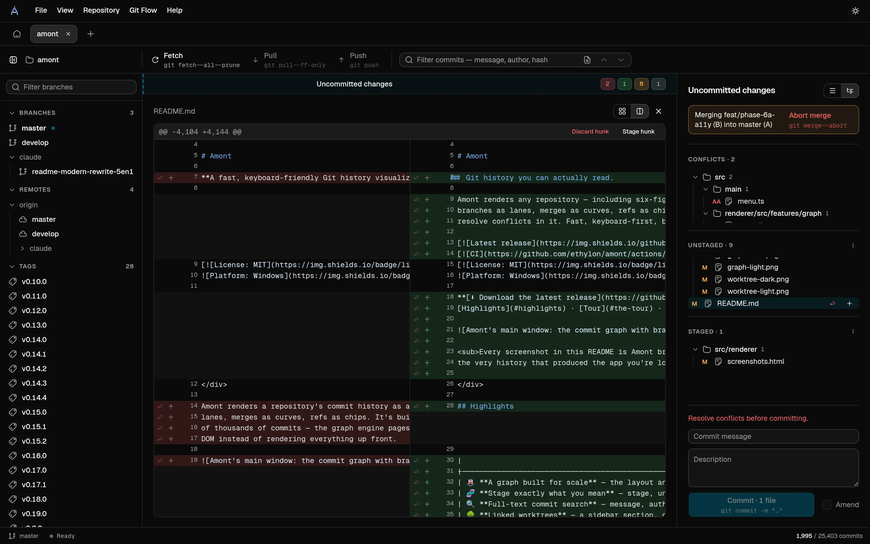 The staging panel: staged and unstaged file trees, a live side-by-side diff with per-hunk stage/discard actions, and the commit message box.