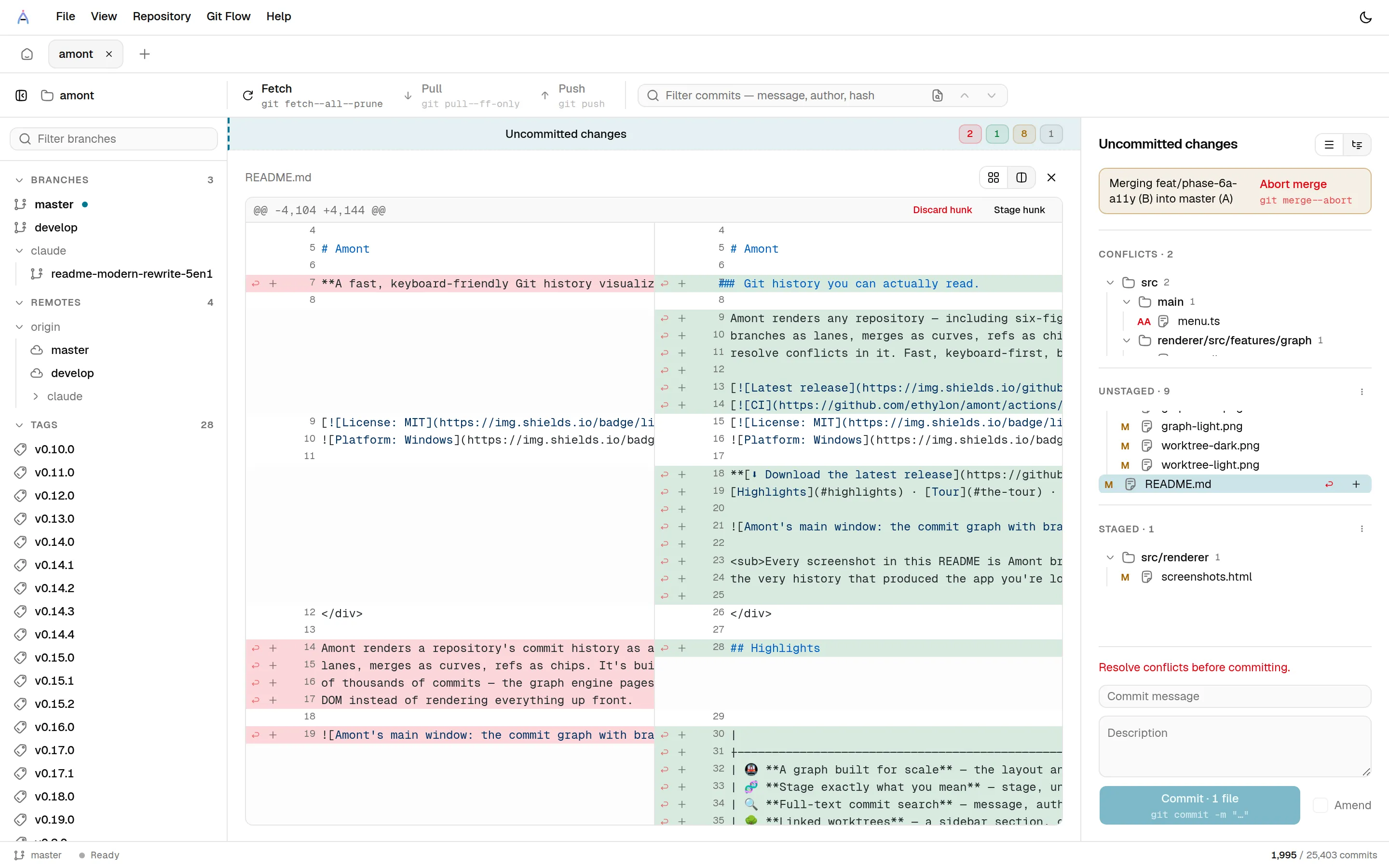 The staging panel: staged and unstaged file trees, a live side-by-side diff with per-hunk stage/discard actions, and the commit message box.